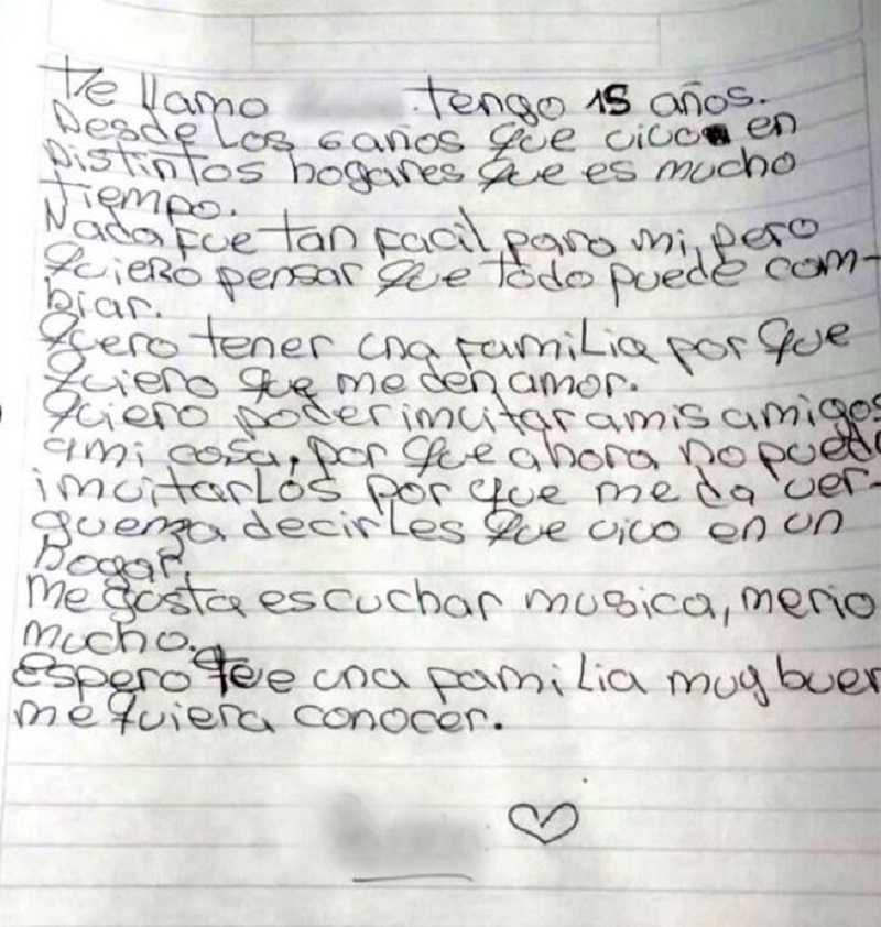 La emotiva carta de una joven que busca ser adoptada: 