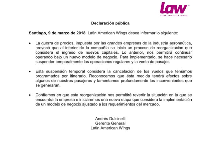 Aerolínea Law suspende toda su operación y anuncia reorganización